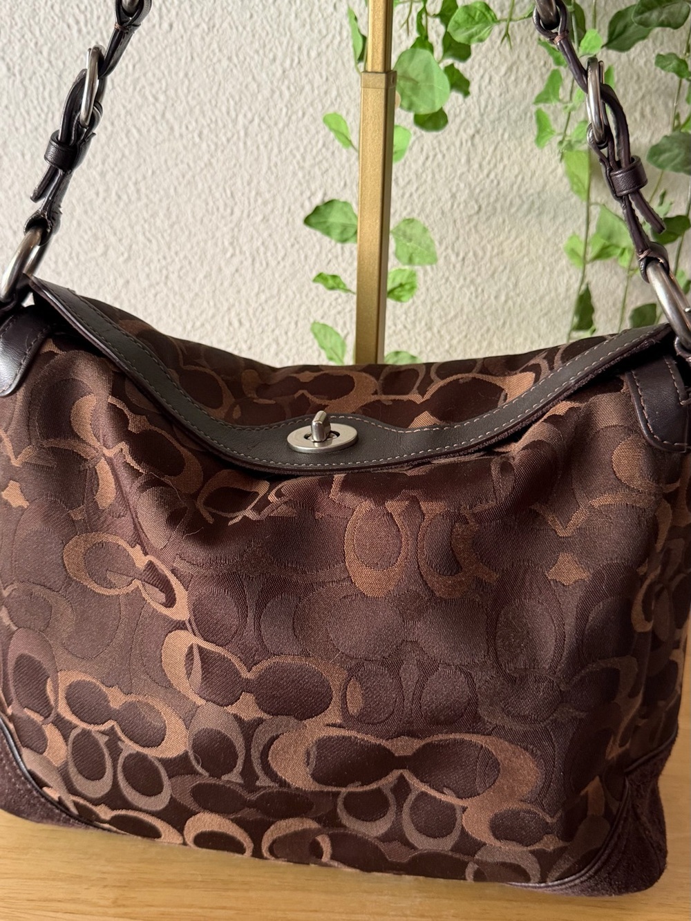 Coach Brown Signature Jacquard Hobo Bag Large Suede